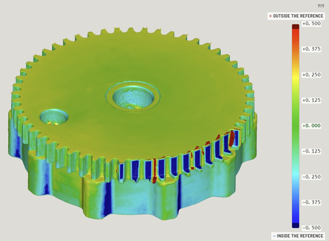 Scan-to-CAD comparison of a worn spur gear, ±0.5 mm